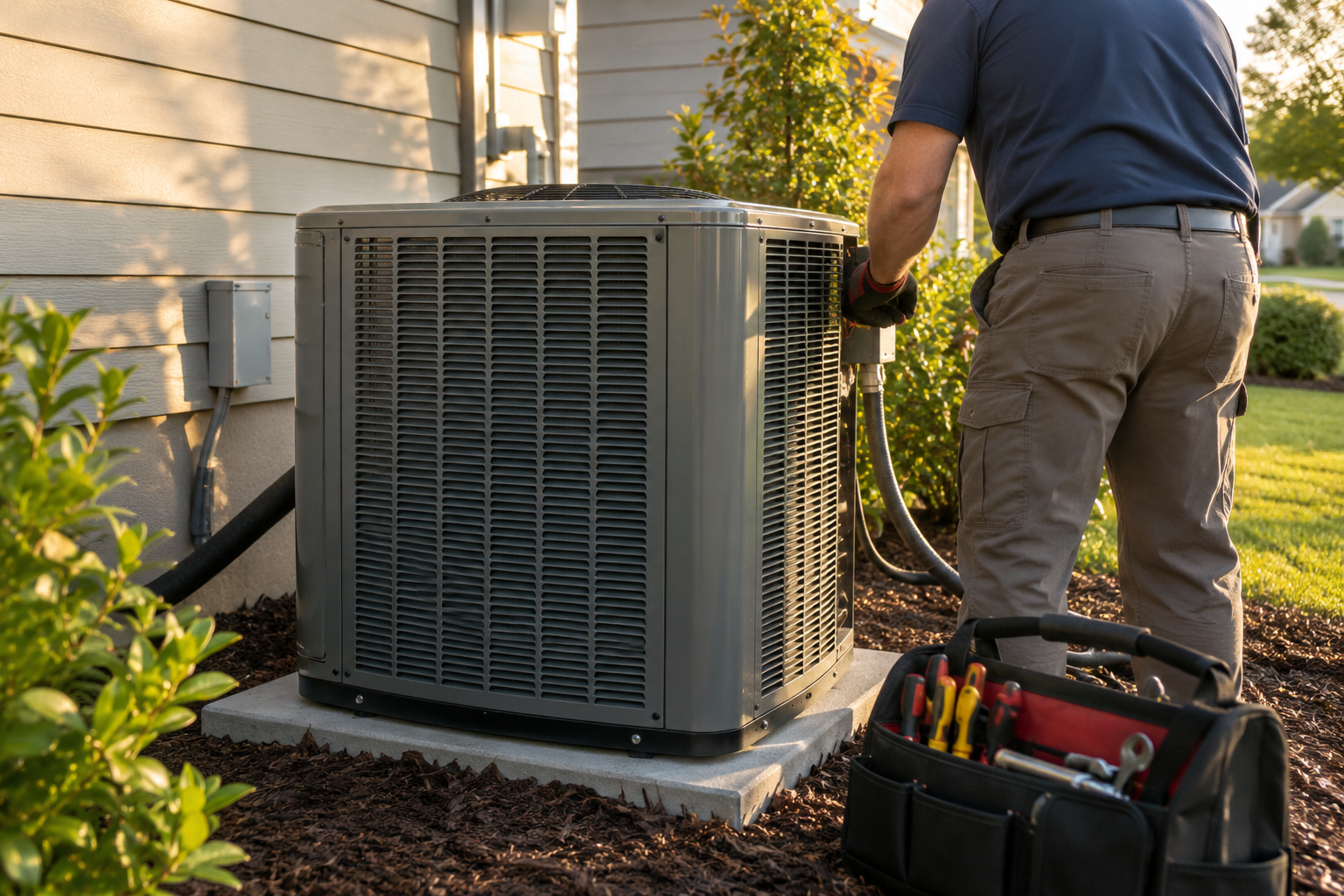 HVAC technician servicing an outdoor AC condenser beside a home.