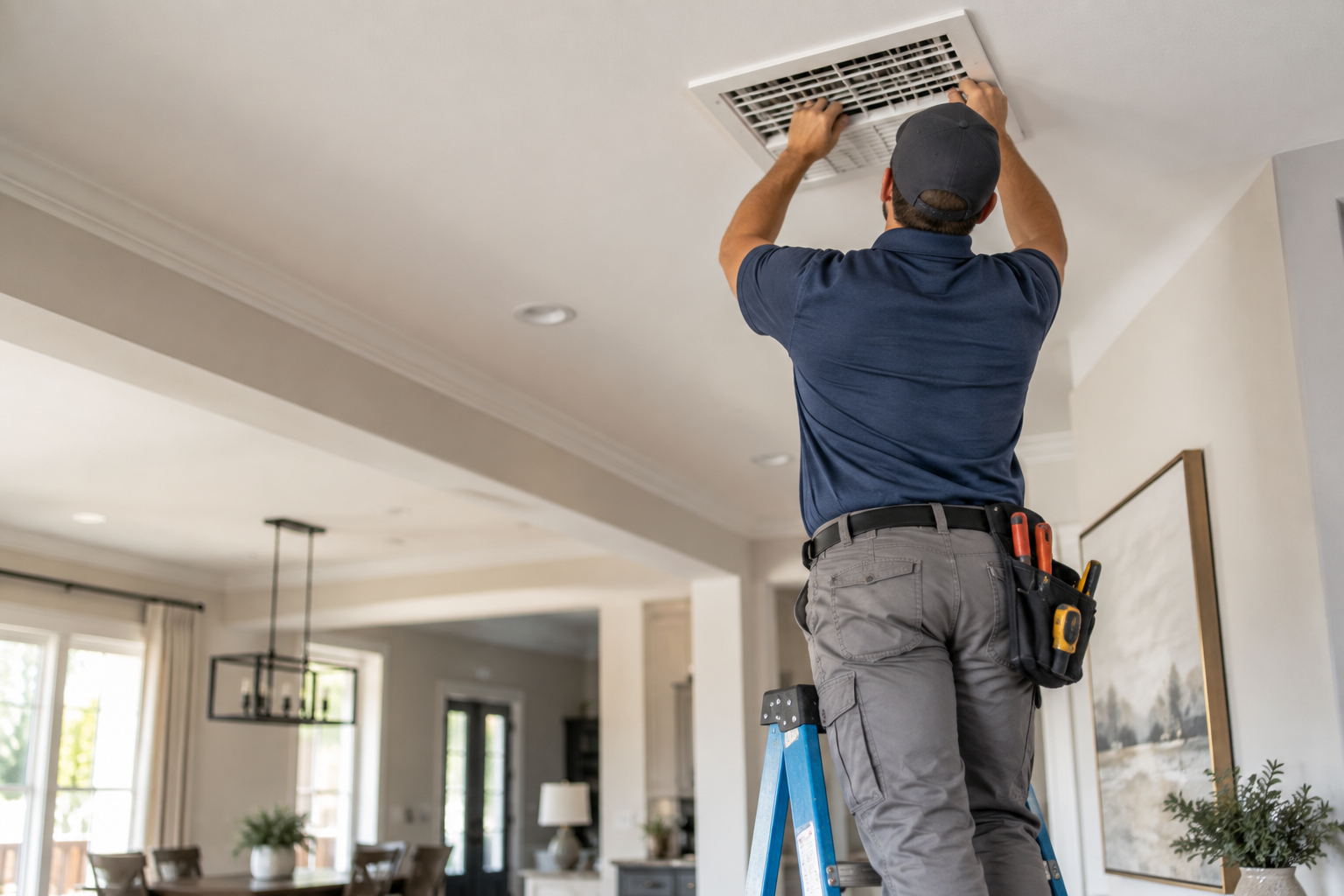 HVAC technician inspecting a ceiling air vent inside a home.