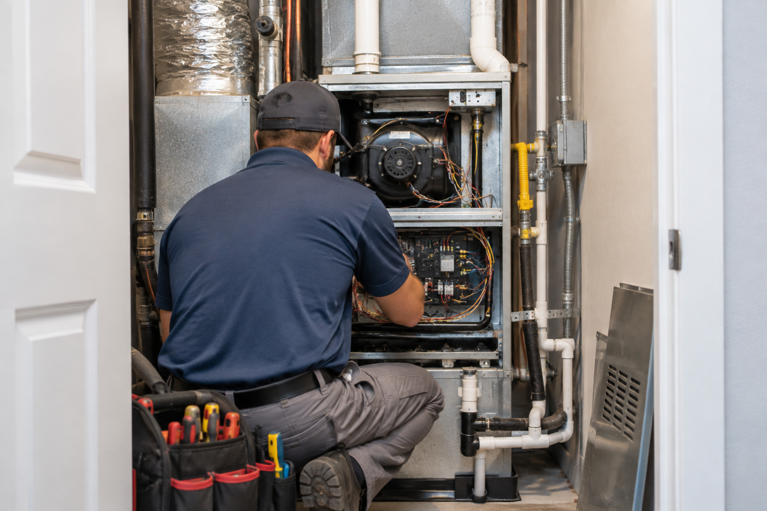 HVAC technician repairing a residential furnace in a utility closet.