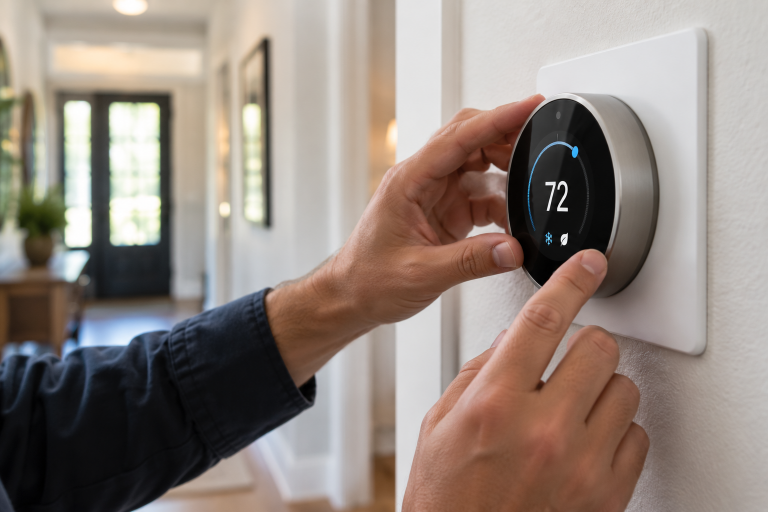 Technician adjusting a modern wall thermostat in a home.