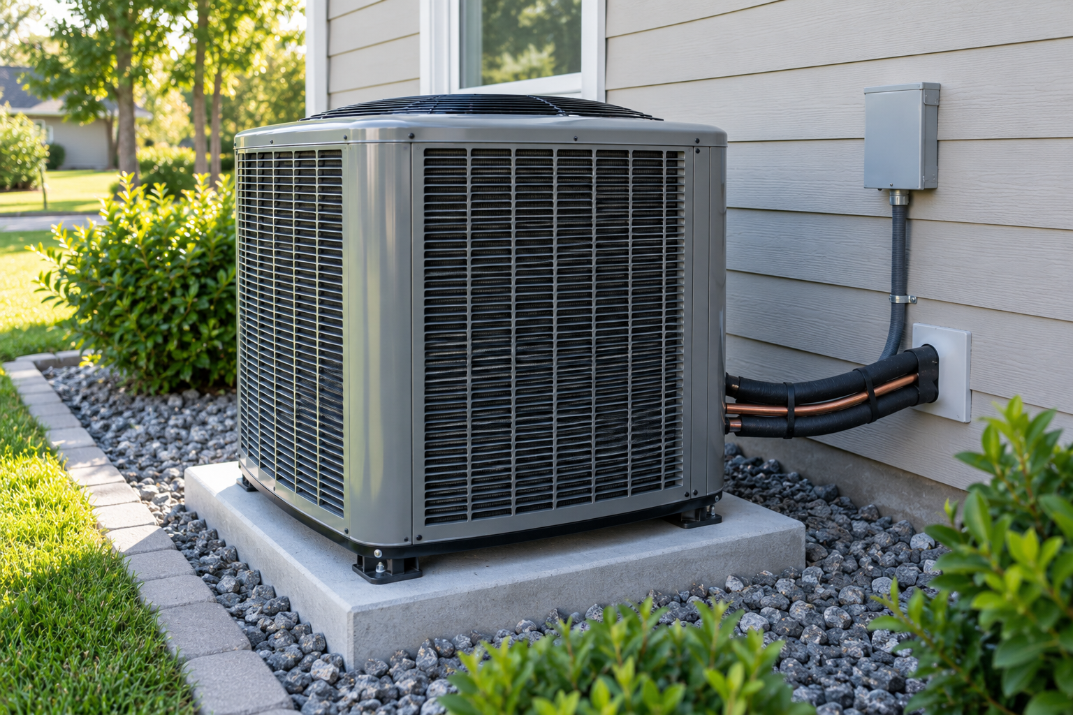 New outdoor AC condenser professionally installed beside a home.