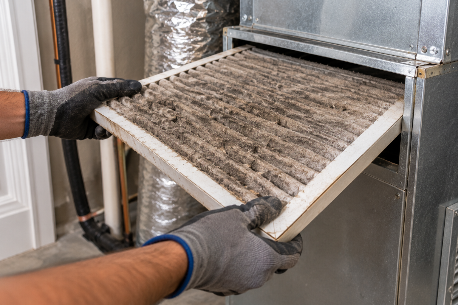 Gloved technician removing a dirty HVAC air filter during maintenance.