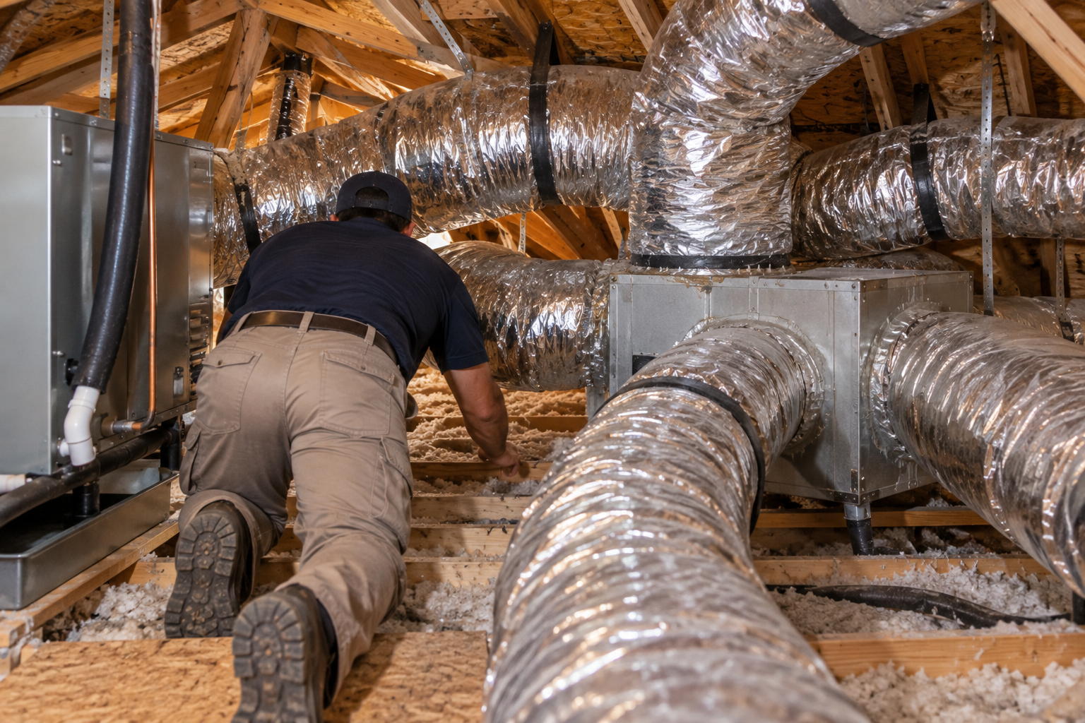 HVAC technician inspecting residential ductwork in an attic.