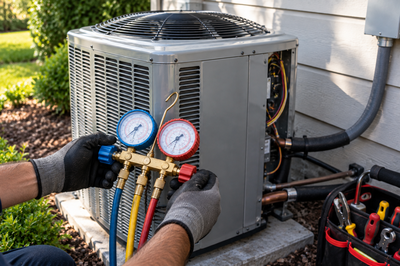 Gloved technician checking an outdoor AC unit with professional gauges.