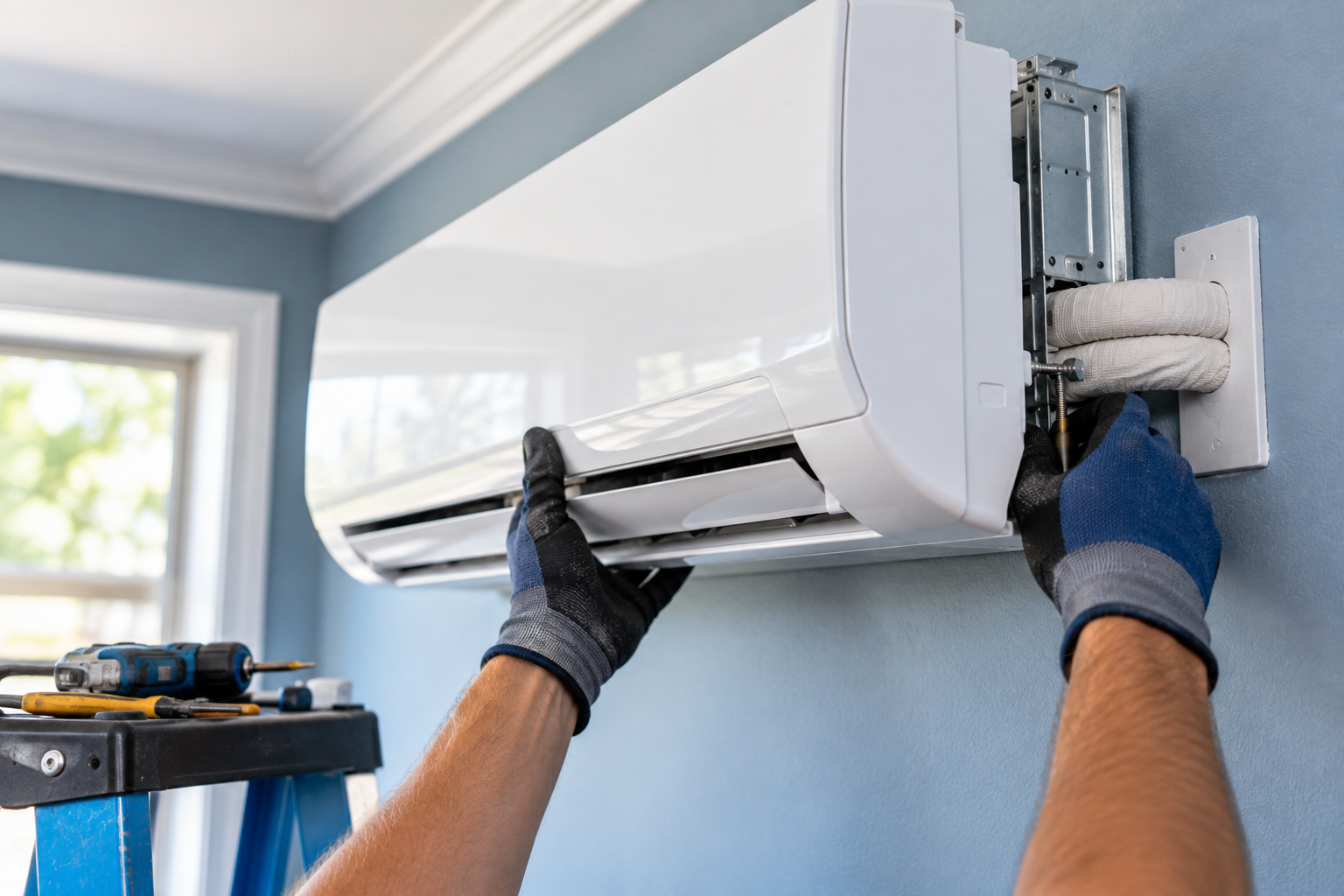 Gloved technician mounting an indoor mini-split air handler on a wall.