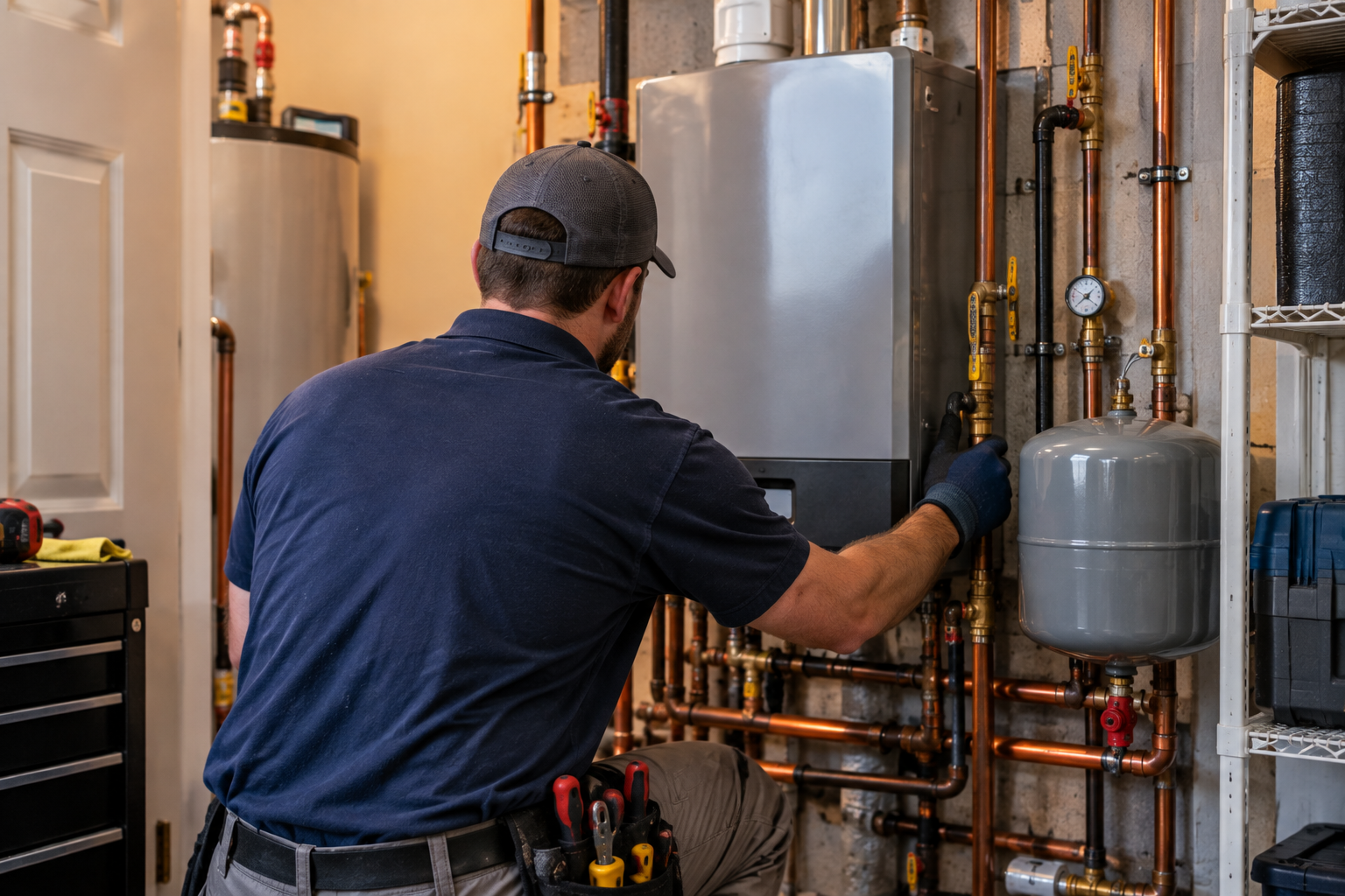 Technician checking a mechanical closet with a tankless water heater and copper piping.