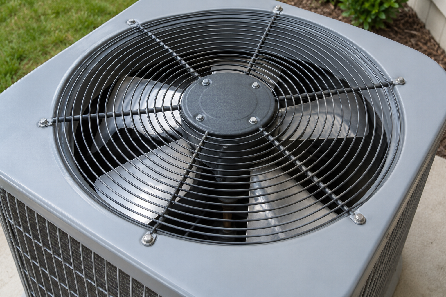 Top view of an outdoor AC condenser fan grille on a replaced unit.