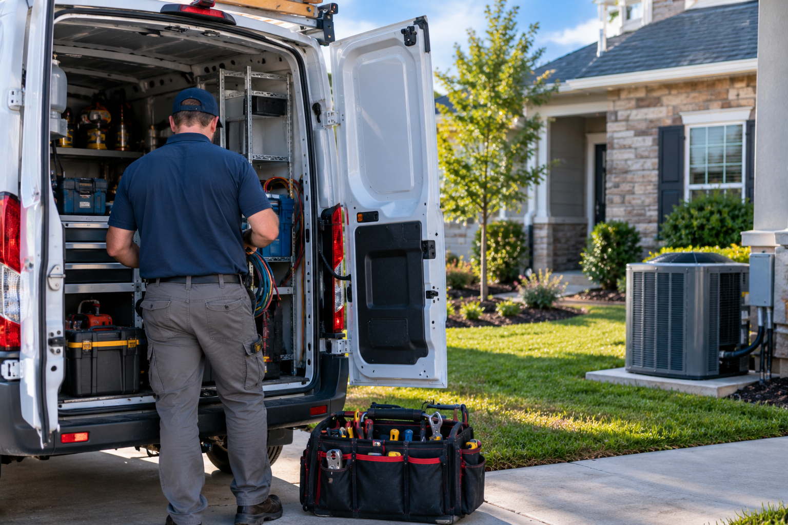 Technician loading tools into the back of a service van outside a home.