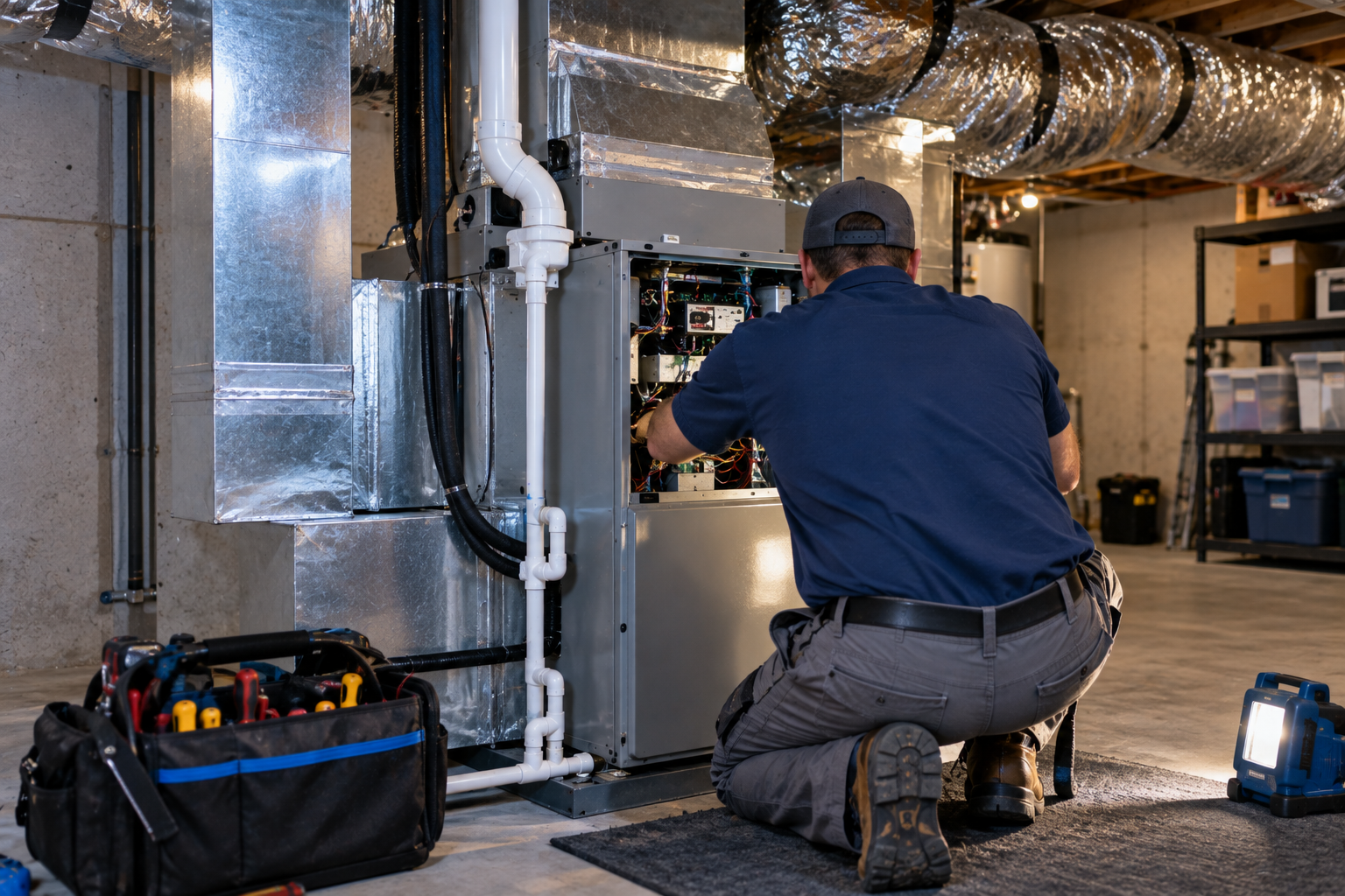 HVAC technician servicing a furnace and air handler in a basement.